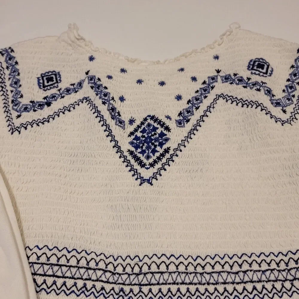 Free People Holly Embroidered Smocked White/Blue Women's Size L Boho Peasant Top